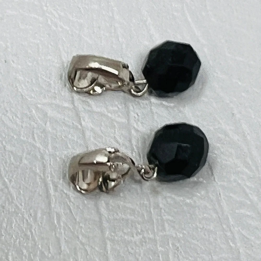 Black Faceted Bead Clip-On Earrings‎ Silver Tone Dangle Minimalist